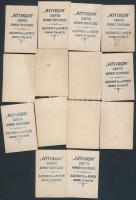 14 db kisméretű színészfotó, feliratozva, egy részük hátulján görög cigarettareklámmal, 3,5×5 cm