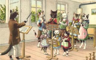 Musician cats in classroom, humour, Max Künzli No. 4757.