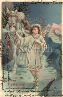 Christmas, angel, horse, golden decoration, Emb. litho (EK)