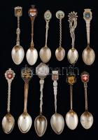 12 db zománcozott városképes és országcímeres kanál gyűjtemény sok szép ezüstözött darabbal / Collection of enameled spoons