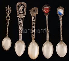 5 db zománcozott városképes és országcímeres jelzett ezüst kanál tétel / Collection of enameled silver spoons 46 g