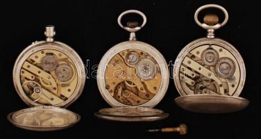 3 db ezüst (Ag.) zsebóra, jelzettek, nem működnek, hiányosak, bruttó 249 g