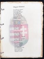 A magyar nemzet imái  merített papíron, fa borításban, nemzeti szalaggal összefűzve, 21x16cm