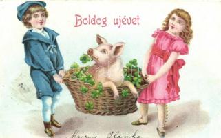 New Year, children, pig, clover, litho (EK)