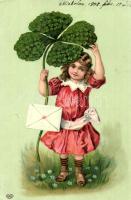 Girl with clover, letter, EAS litho (cut)