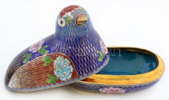 Madaras bonbonier, réz, zománc díszítéssel, fa tartóval, m:10 cm