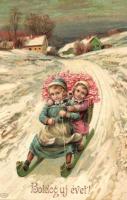 New Year, sledding children, floral, Emb. litho