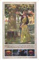 German art postcard, couple carving into a tree, music sheet, Deutscher Schulverein Karte, Josef Eberle Nr. 38