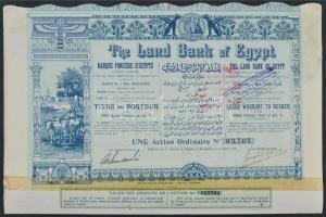 Egyiptom/Alexandria 1905. "The Land Bank of Egypt" részvénye 5Ł-ról, szelvényekkel, bélyegzéssel és szárazpecséttel T:III- ragasztott Egypt/Alexandria 1905. "The Land Bank of Egypt" share about 5 Pounds, with coupons, overprint and embossed stamp C:F glued