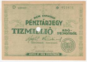 1946. 10.000.000AP nem kamatozó Pénztárjegy "Másra Át Nem Ruházható", lyukasztással érvénytelenítve, hátlapon körbélyegző T:I,I- sarkokon kopás