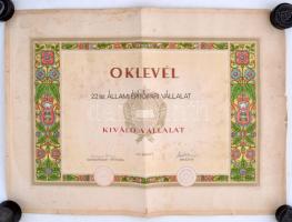 1970 Díszes oklevél a 22. sz. állami építőipari vállalat részére, Bondor József (1917-1981) építésügyi miniszter aláírásával, gyűrődésekkel, szélein kis szakadásokkal