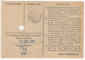 1946. 1.000.000AP nem kamatozó Pénztárjegy "Másra Át Nem Ruházható", "M.Kir.Postataka...