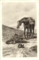 Sérült Ulánus a földön, háttérben a lova / Injured Uhlan on the ground with his horse, G. Goldschimdt No. 2