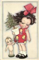 Italian art postcard, girl with a christmas tree in flowerpot and puppet, Ballerini & Fratini No. 221