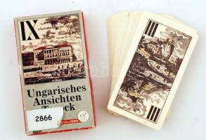 Régi magyar látképes tarokk kártya reprintje a lapokon az 1840-es évek városképeivel.