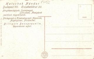 Budapest II. Lukács fürdő, hátoldalon Hatschek Nándor fényképezőgép, szemüveg, látcső és mozigép jav...