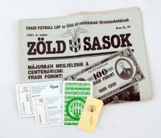 FTC Futball relikviák: FTC stadion belépő, 2db, 1994-95, 1975-ös kártyanaptár, 1991-es Zöld Sasok, és FTC kitűző