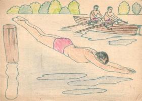 Watersports, rowboat, swimming, hand painted postcard (EK)