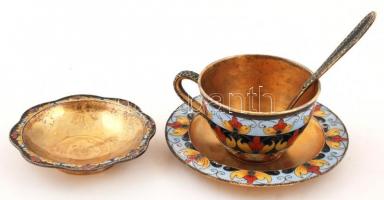 Zománcozott, gazdagon díszített filigrán, aranyozott ezüst (Ag.) szovjet egyszemélyes készlet: csész...