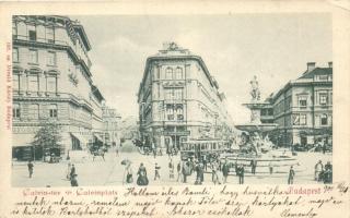 Budapest VIII. Kálvin tér, gyógyszertár, Magyar Fémlámpaáru gyár, villamos, József- és Baross utca; Divald Károly (EK)