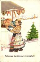 Kellemes karácsonyi ünnepeket! / christmas greeting card, gingerbread, girl in Hungarian traditional dress, folklore (fl)