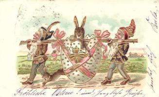 Húsvéti üdvözlet. Nyuszik törpékkel / Easter greeting art postcard. Dwarves with rabbit in egg; Golden decoration litho (EK)