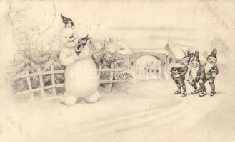 New Year, Dwarves with snowman, humour, P.F.B. Serie 386.a.