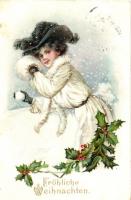 Boldog karácsonyt!, Emb. litho, Christmas, snowballing lady, Emb. litho