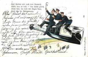 WWI German soldiers riding a glass of champgane, humour, litho