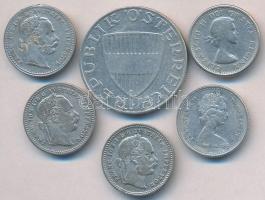 6db vegyes külföldi kis ezüstpénz, közte Ausztria 1872. 10kr Ag "Ferenc József" (3x), 1958...