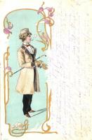 Cigarettázó hölgy férfi öltönyben / Smoking lady in gentleman suit. Feminist Art Nouveau litho (EK)