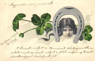 Lady with clover and horseshoe, greeting card, litho