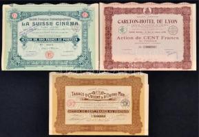 Franciaország / Párizs 1919. "Francia Cinematográfiai Társaság Svájci Mozi Részvénytársaság" részvénye 100Fr-ról, szelvényekkel és felülbélyegzéssel + 1928. "Keleti és Tengerentúli Dohány Részvénytársaság" részvénye 100Fr-ról, szelvényekkel és felülbélyegzéssel + Lyon 1931. "Carlton Hotel" részvénye 100Fr-ról, szelvényekkel és felülbélyegzéssel T:II,II- France / Paris 1919. "Société Francaise Cinématographique la Suisse Cinéma Société Anonyme" share about 100 Francs with coupons and overprint + 1928. "Société Anonyme des Tabacs d'Orient et d'Outre Mer" share about 100 Francs with coupons and overprint + Lyon 1931. "Carlton Hotel" share about 100 Francs with coupons and overprint C:XF,VF