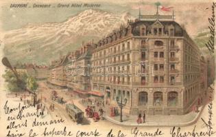 Grenoble, Grand Hotel Moderne, tram, automobile, litho s: Tamagno (b)