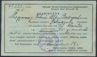 1938 Igazolvány mely a háborús emlékérem viselésére jogosít