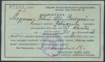 1938 Igazolvány mely a háborús emlékérem viselésére jogosít