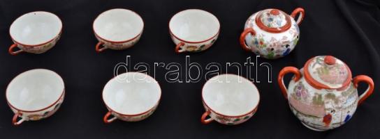 Kínai porcelán teás készlet: kanna, 6 db csésze+alj, kiöntő, 2 db cukortartó, kézzel festettek, egy részük jelzett, apró kopásnyomokkal, kis lepattanásokkal, különböző méretben