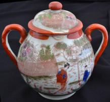 Kínai porcelán teás készlet: kanna, 6 db csésze+alj, kiöntő, 2 db cukortartó, kézzel festettek, egy ...