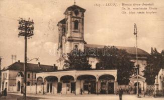 Lugos, Lugoj; Görög keleti román templom, kiadja Auspitz Adolf / Greek Catholic church, shops