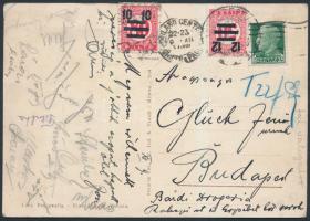 1934 A magyar labdarúgó válogatott tagjai által aláírt és hazaküldött lap az olaszok elleni 1934. december 9.-én Milanoban játszott mérkőzésről