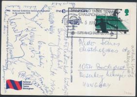 1975 A magyar asztalitenisz válogatott tagjai által aláírt és hazaküldött képeslap Birminghamból