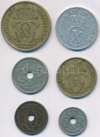 Dánia 1925. 1Kr Al-Br + 2Kr Al-Br + 1928. 2ö Br + 1936. 25ö Cu-Ni + 1941. 5ö Al + 10ö Cu-Ni T:2,2-
...