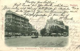 Hamburg, Steindamm, Handelsakademie, Hotel Schadendorf / street, academy, hotel, trams