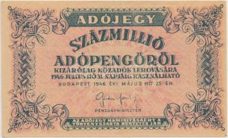 1946. 100.000.000AP hátlapon fordított címer, parríncokkal T:II- Adamo P55h