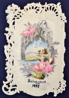 1897 Festett, dombornyomott bakelit üdvözlő kártya / New Year greeting card 10x15 cm