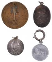 4db vallási témájú medál, jelvény, közte Szűz Mária mennybemenetelét ábrázoló jelzetlen Ag medál (4,...