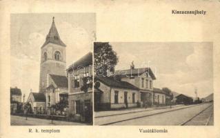 Kiszucaújhely, Kysucké Nové Mesto; Római katolikus templom, vasútállomás, Hohos János Tomek üzlete / Roman Catholic church, railway station, shop (EK)