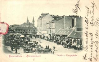 Szombathely, Fő tér, piac, Bútor üzlet és Deutsch Miksa üzlete (vágott / cut)