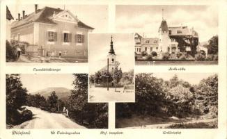 Diósjenő, Csendőrlaktanya, Sváb-villa, Erdőrészlet, út a Csóványoshoz, templom (Rb)