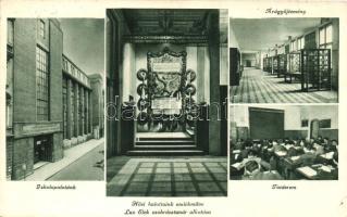 Budapest VIII. Vas utca, gróf Széchenyi István felső kereskedelmi fiúiskola külső és belső kép, árugyűjtemény, tanterem, Hősi halottak emlékműve (EK)